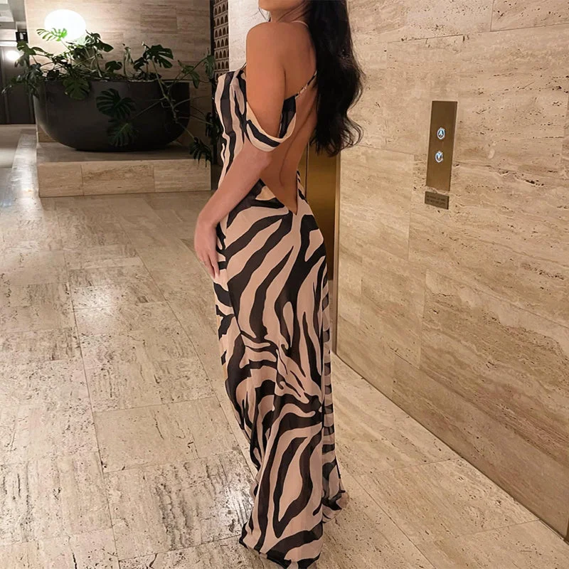 Lagerfe 3463 Striped Zebra Print Backless Slim Off The Shoulder Elegant Women'S Dresses Evening Prom Lady 2023 Casual Clothes Tunics Prom sequined