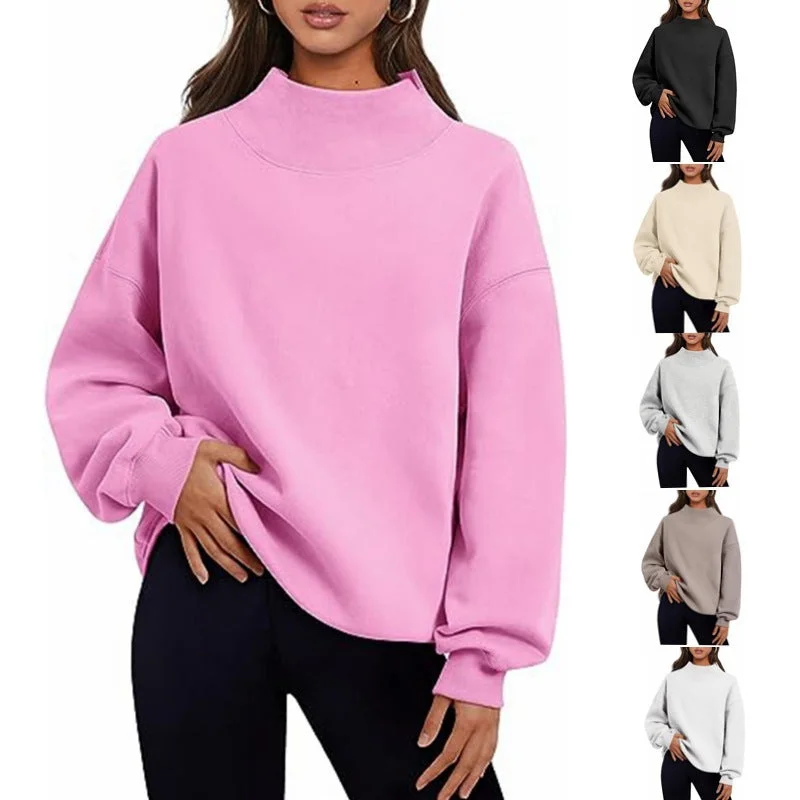 Pullover Sweatshirt Solid Color Loose Tops Round Neck Hoodie Women Thick Clothing Hoodie with Hem Lace Feminine Delicate