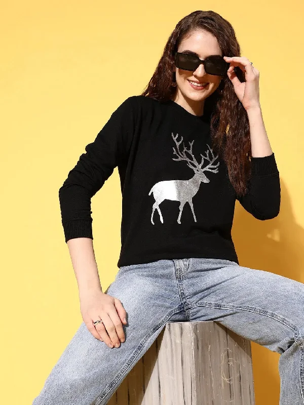 Women Black Terry Silver REINDEER Sweatshirt Hoodie with Bell Sleeves Flared Feminine