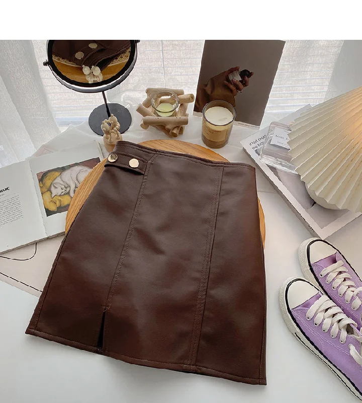 Korean solid color versatile fashion high waist PU leather bag hip skirt  5520 relaxed fit skirt