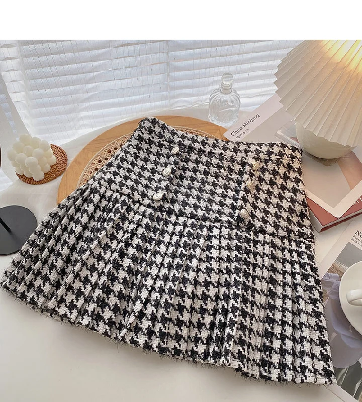 Korean double breasted design retro fashion thousand bird pleated skirt  5413 button skirt front