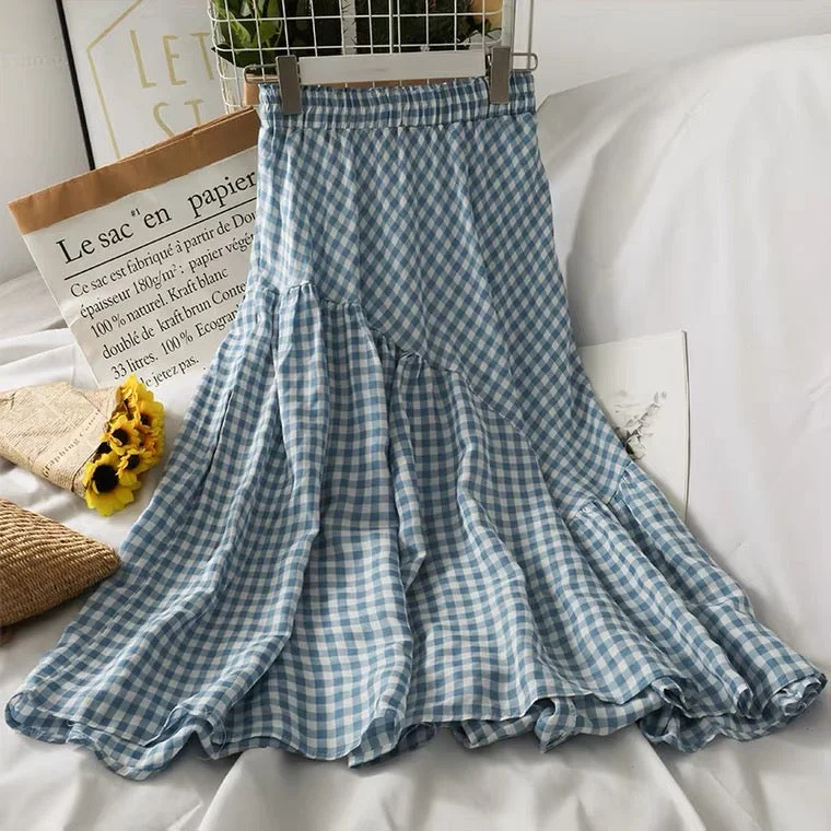 Vintage plaid patchwork flounce skirt, high waist casual loose A-line skirt  3615 corduroy skirt cozy