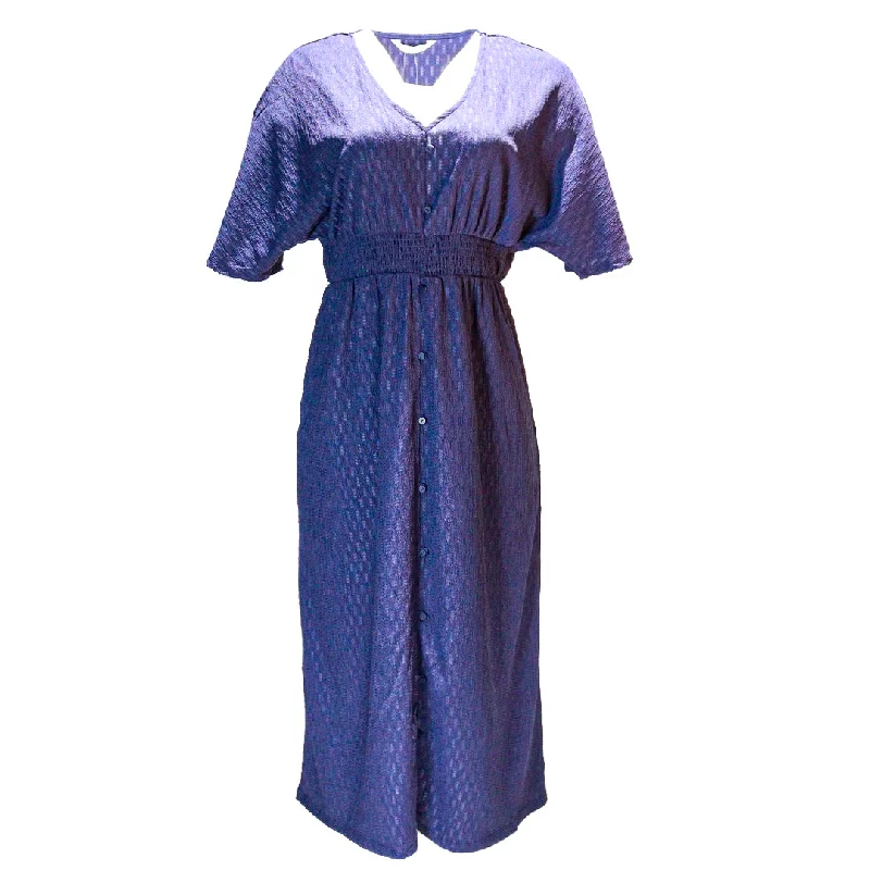 Navy Button Down  Length Dress Cowl Neckline Elegant