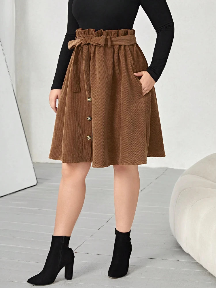 Wjczt Brown Plus Size Skirts for Women Corduroy High Elastic Waist A Line Vintage Elegant Causal Party Knee Length Skirt with Pockets velvet skirt sumptuous