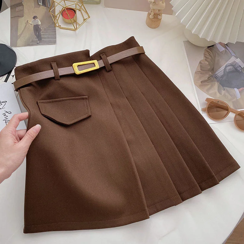 Pleated skirt, irregular, slim, fashionable A-line skirt with belt  5360 wool skirt breathable