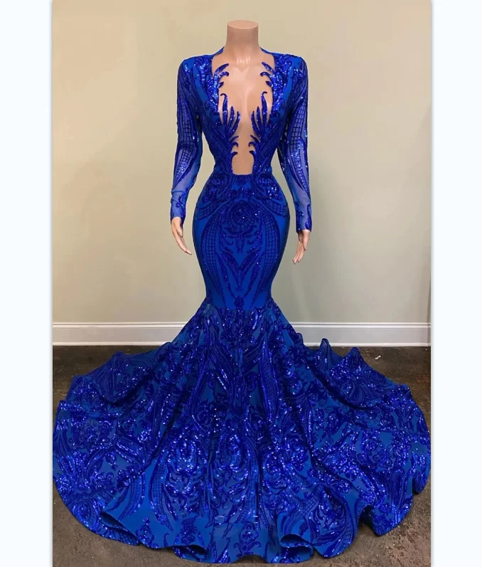 Ocstrade Sparkly Sequin Mermaid Black Girl Royal Blue Prom Dresses Long Sleeve Sheer Plunging Neck Evening Ball Gown Prom Dress Tunics Silk luxurious