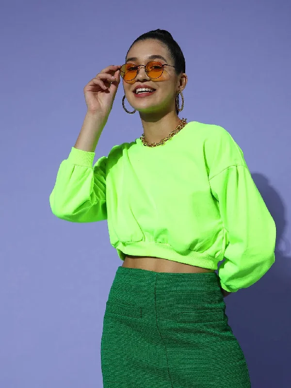 Women Neon Green V-Neck Crop Sweatshirt Hoodie with Slim Fit Tailored Modern