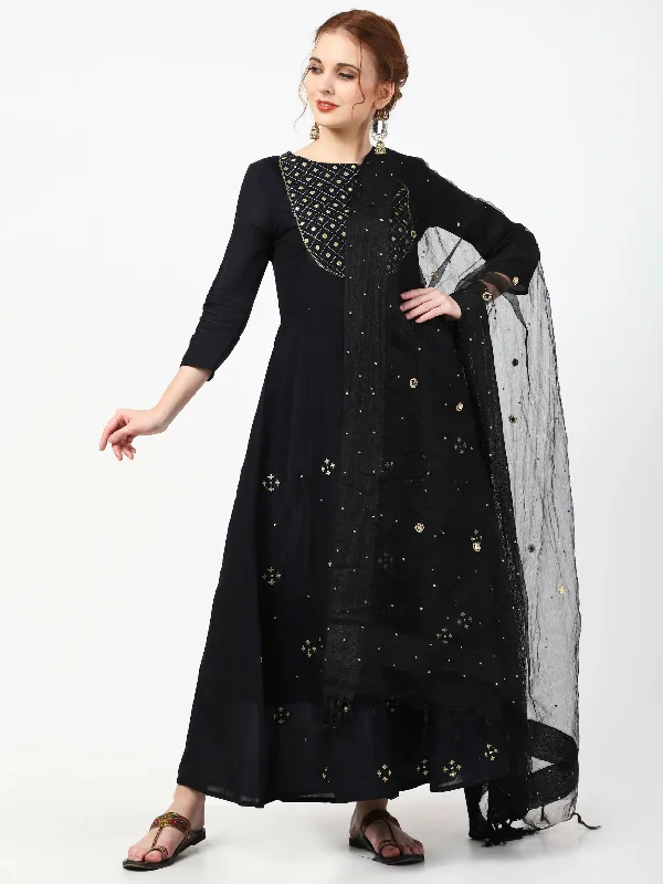 Cheera Embellished Party Wear Anarkali Dress with Dupatta - Black Tunics Floral girly