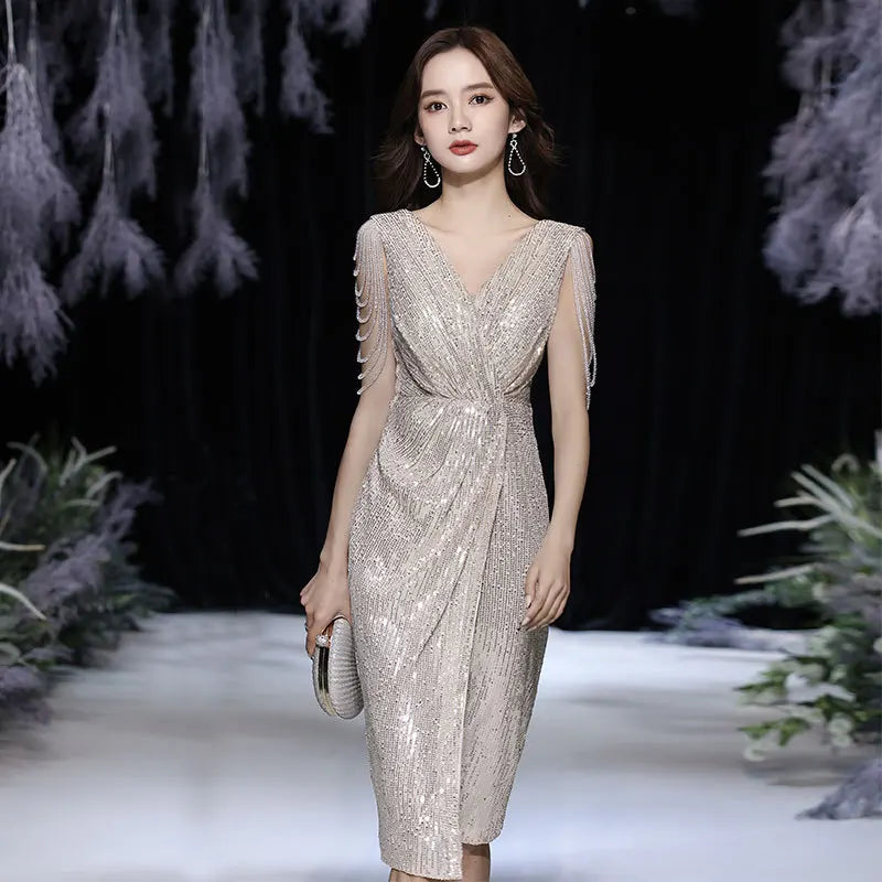 S8135F    New hot -selling autumn champagne celebrities temperament banquet  long evening dresses women lady elegant sexy A-Line Day Work