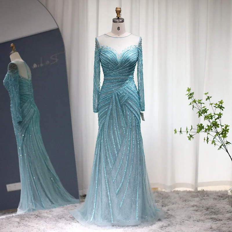 Cz244 Luxury Dubai Blue Mermaid Evening Dresses For Women Wedding 2023 Elegant White Long Sleeve Formal Prom Gowns Tunics Sale discount