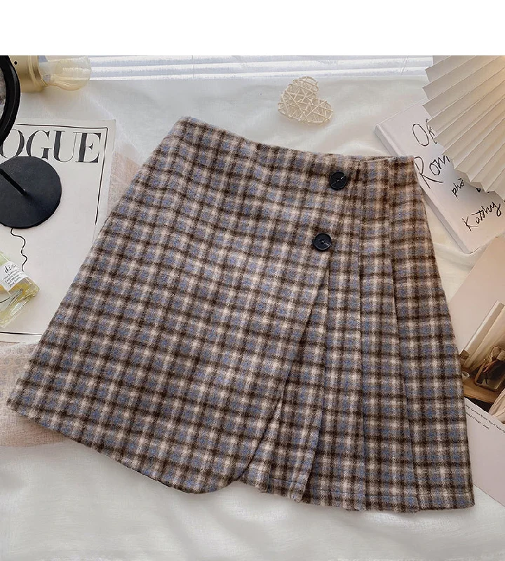 Aging Hong Kong style retro contrast checkered high waist A-line skirt  5475 wool skirt thick