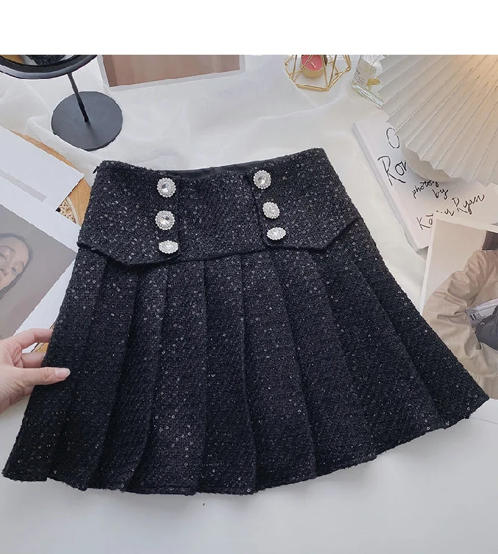 Pleated skirt women's diamond studded high waist Sequin A-line skirt  5390 leather skirt bold