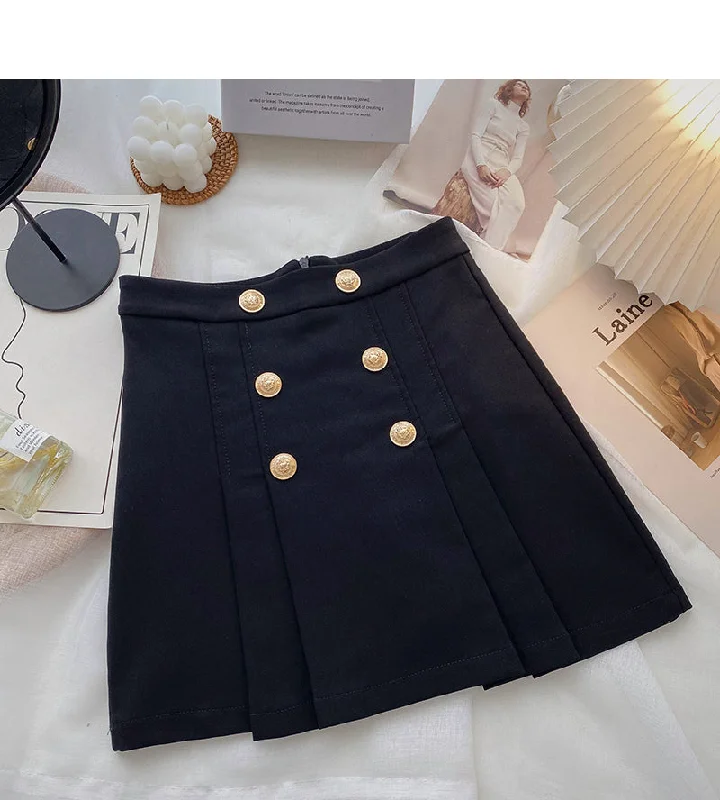 Korean retro simple double row button high waist pleated skirt  5498 high slit skirt