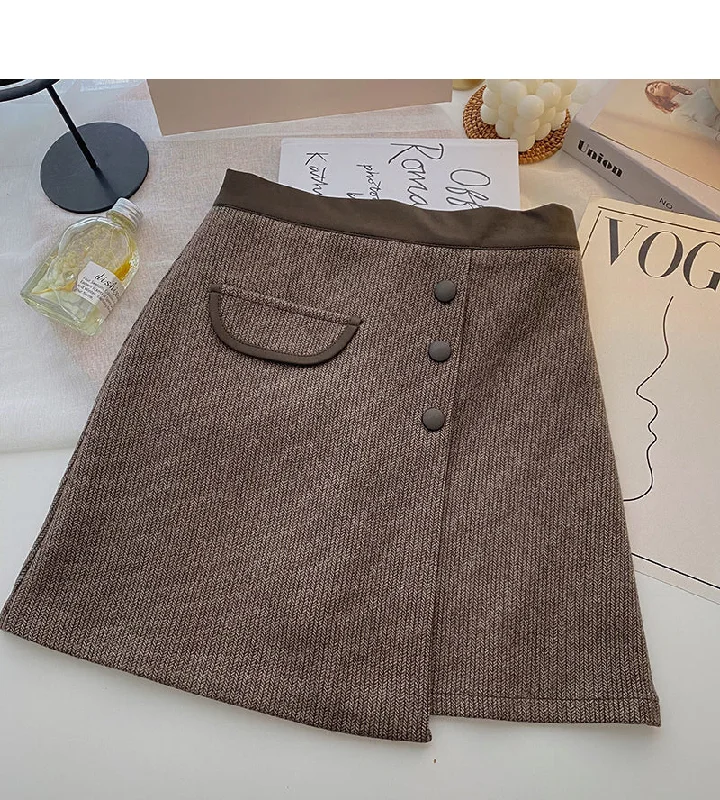 New Korean casual retro design button high waist color blocking a-word skirt  5333 flowy skirt hem