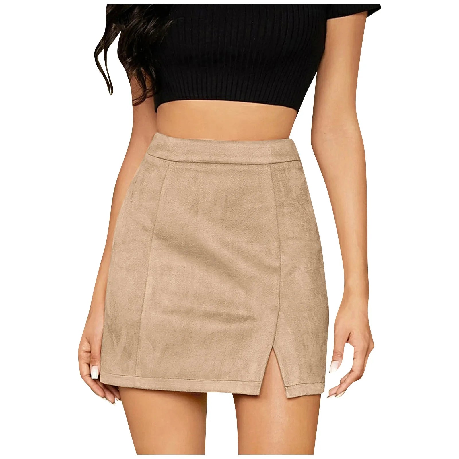 Wjczt Women Sexy Slim Fit Suede Covered Buttocks Short Skirt With High Waist Girls Fashion Daily Solid Color A-Line Zipper Midi Skirt corduroy skirt comfortable