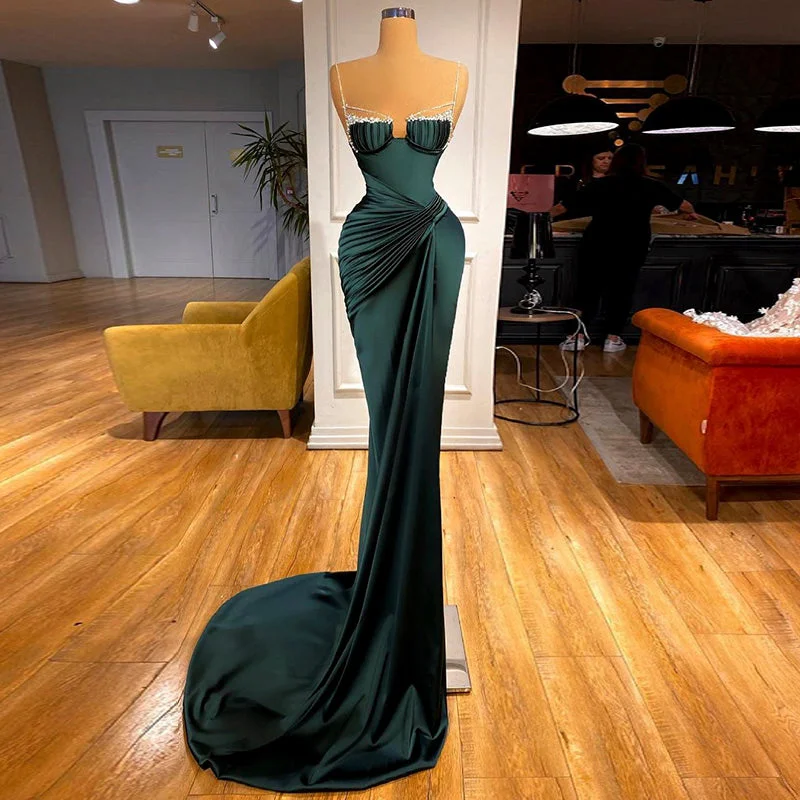 Scz014 Spaghetti Straps Emerald Green Mermaid Evening Dress For Women Wedding Party Crystal Long Prom Formal Dresses Tunics Fall fleece