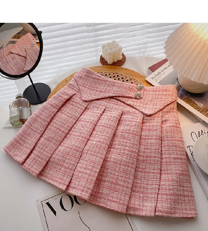 Small fragrance pleated skirt thin high waist tweed A-shaped plaid skirt  5291 denim skirt classic