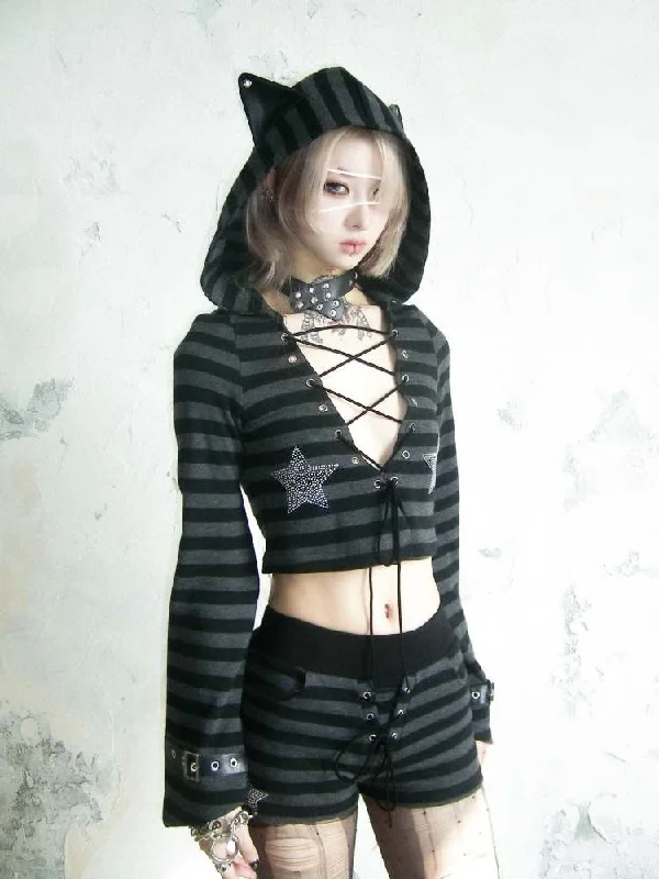 Cat Ears Border Lace Up Hoodie & Short Pants【s0000007895】 Hoodie with Pattern Geometric Abstract