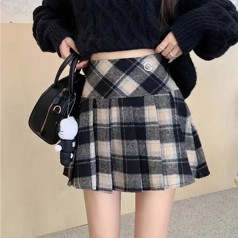 Wjczt Plaid Wool Skirt Vintage Kawaii Sweet Korean Fashion Mini Skirts Preppy Style Cute Autumn Winter Patchwork Short Skirts linen skirt natural