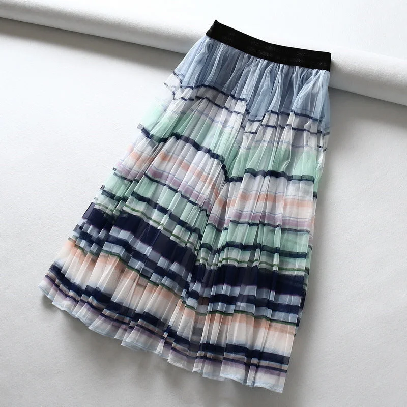 Women's wholesale new high waist rainbow stripe mesh pleated half skirt  3721 leather skirt refined