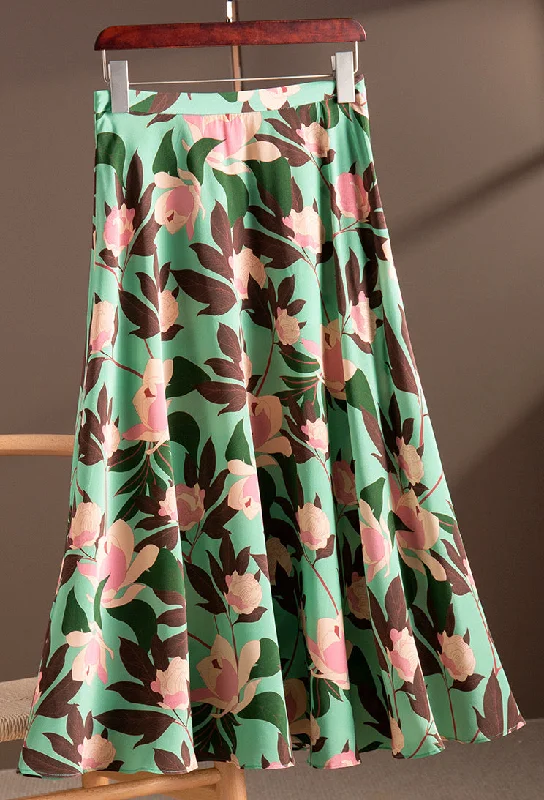 Floral printed skirt, heavy silk A-line skirt, midi skirt  3634 silk skirt elegant