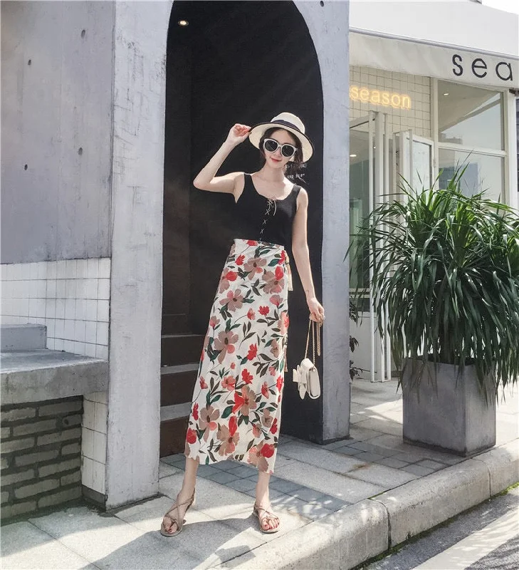 Summer, new style, chiffon split skirt, floral, high waist tie, beach sun protection holiday wrap skirt  3628 lace skirt romantic