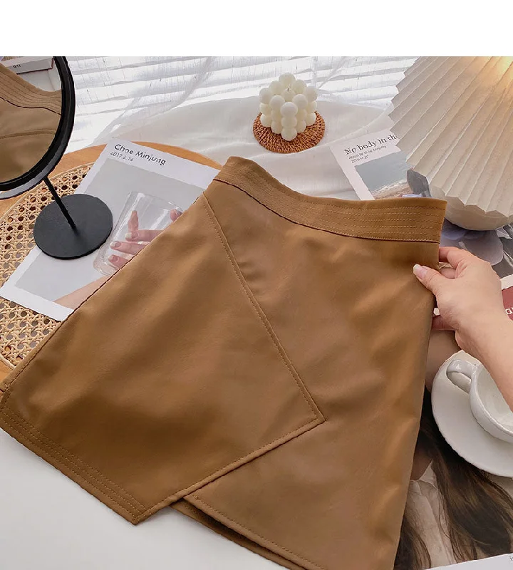 Korean design irregular A-shaped high waist short skirt fashion  5449 leather skirt bold