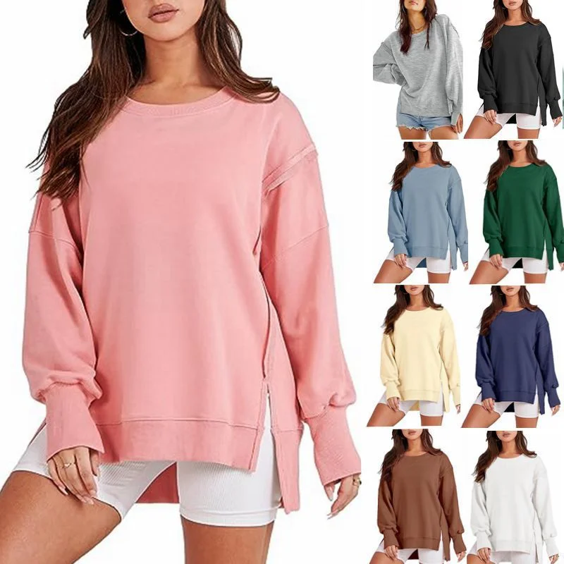 Solid Oversized Sweatshirt Crew Neck Long Sleeve Pullover Hoodies Tops Fashion Fall Women Clothes Winter Hoodie with Hem Drawcord Adjustable Customizable