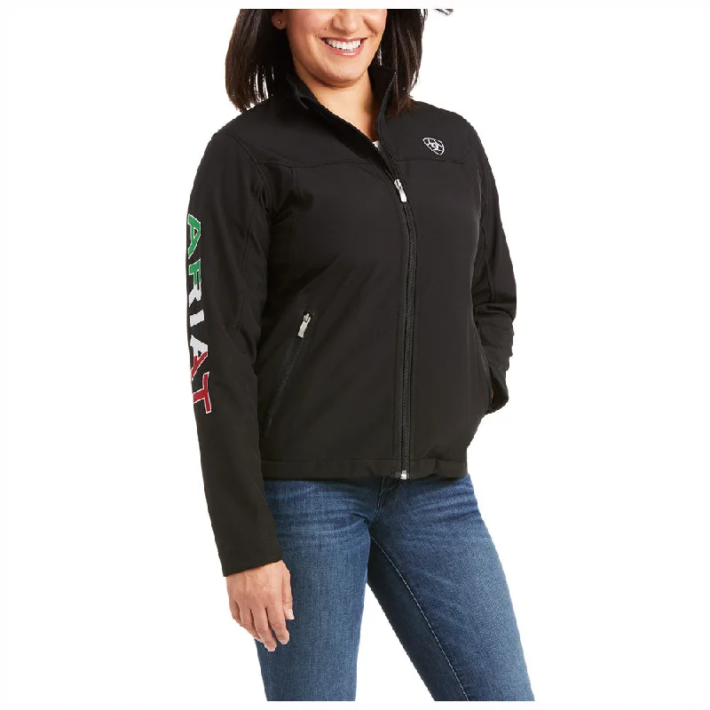 10031428 Ariat Women's Mexico Team Softshell Jacket - Black A-Line Jacket Boat Neck Shawl Collar