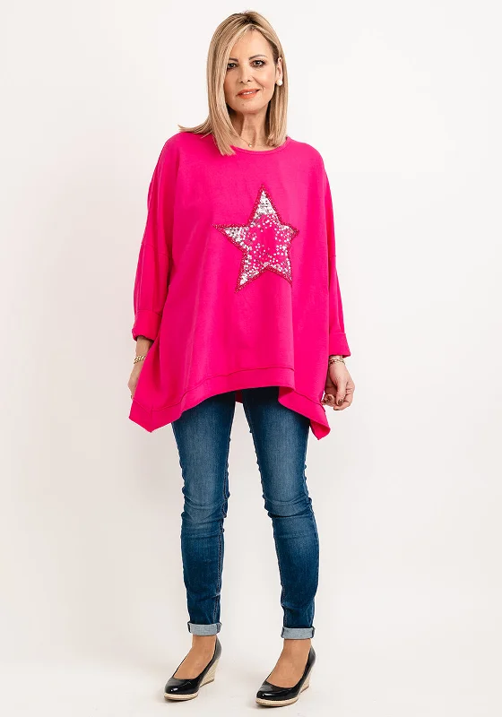 Seventy1 One Size Sequin Star Cotton Pullover, Pink Short Sleeve Top