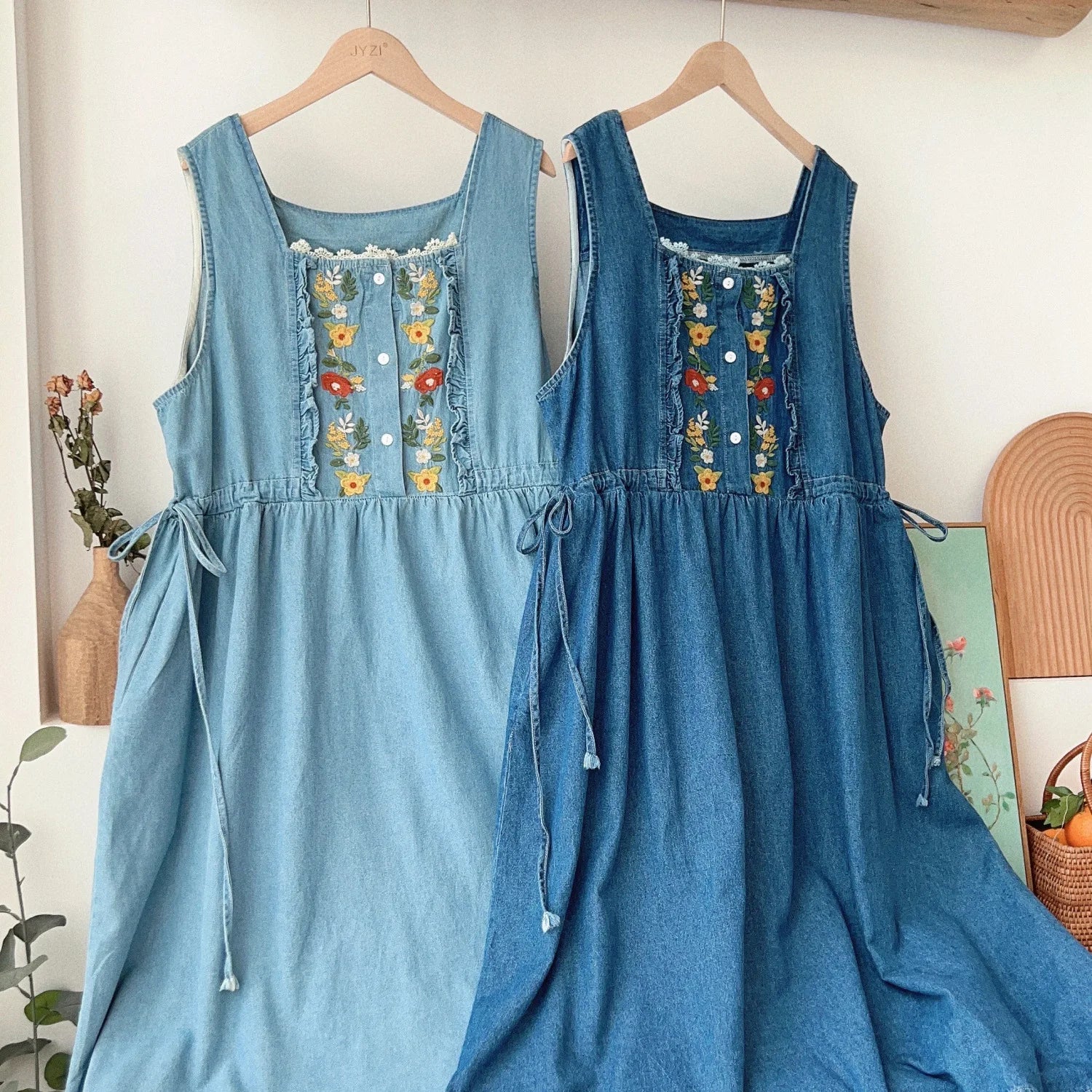 Wjczt Vintage Embroidery Flower Denim Tank Dresses Women Mori Girl Ruffled Kawaii Straight Sundresse Loose Sleeveless Pullover Dresses Ribbed Crew Neck