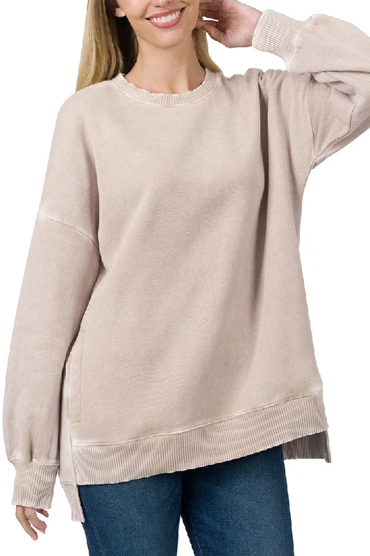 Ash Mocha Acid Wash Hi-Low Pullover Batwing Sleeve Top