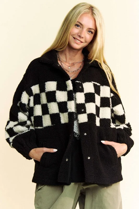 Hazel Blues® |  Davi & Dani Checkered Snap Down Faux Fur Jacket Tailored Jacket Straight Jacket A-Line Jacket