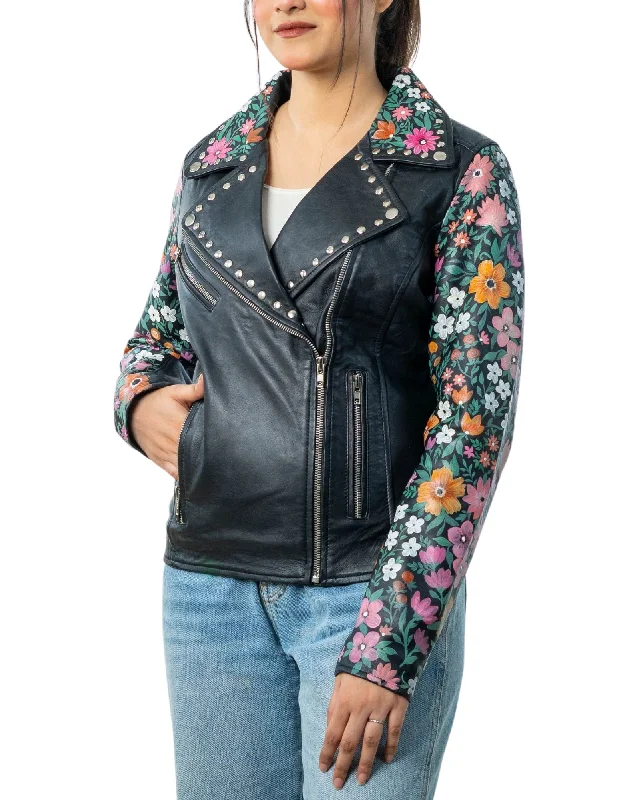 Blossom Hand-Painted Black Leather Biker Jacket Notch Collar Jacket Peter Pan Collar Jacket Cowl Neck Jacket