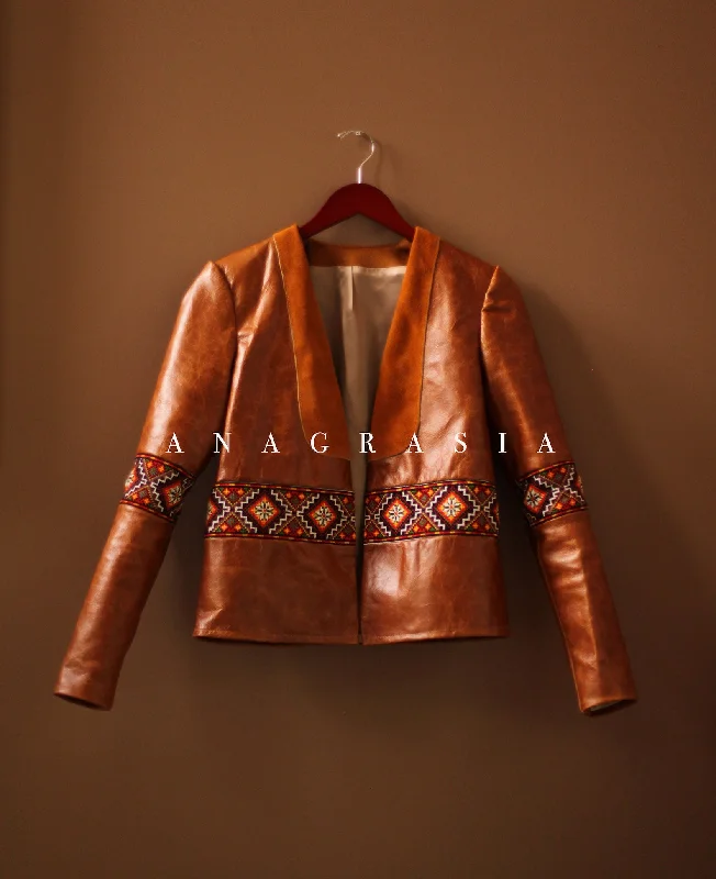 Hand Embroidered Leather Jacket Nylon Fabric Polyester Fabric Spandex Fabric