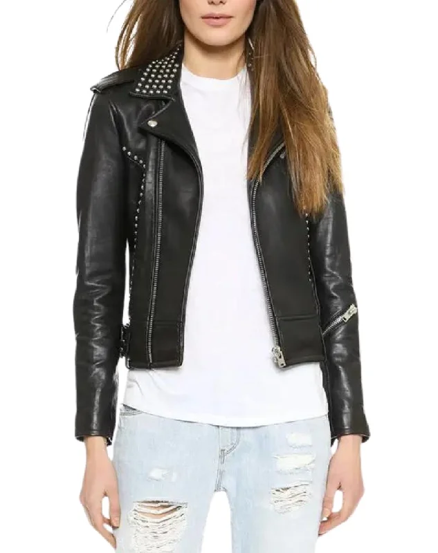 Aria Studded Black Biker Leather Jacket Mesh Jacket Canvas Jacket Denim Jacket