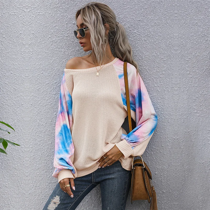 IKEARLAX New Popular, 2025 and popular new waffle bottoming long-sleeved shirt tie-dye round neck splicing pullover T-shirt women Crew Neck Wool