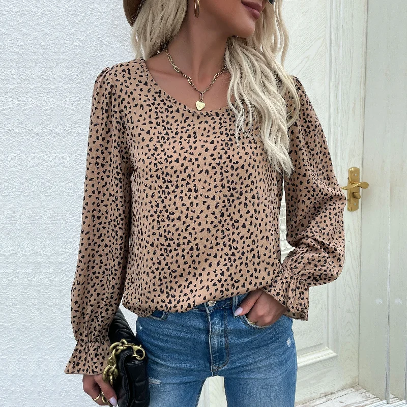 IKEARLAX popular autumn new women's clothing round neck pullover leopard print shirt  New Popular trade commuter style long-sleeved shirt Slouchy Comfort Pullover