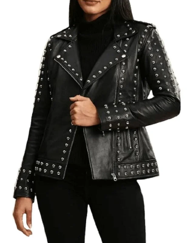 Ludovica Studded Black Biker Leather Jacket Bomber Jacket Anorak Windbreaker