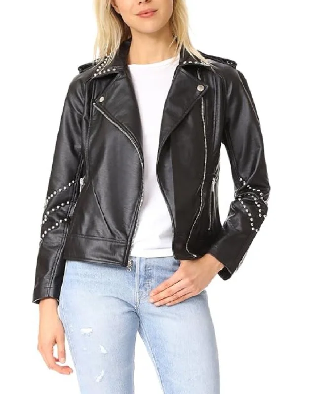 Camilla Studded Black Biker Leather Jacket Anorak Shell Jacket Lightweight Jacket