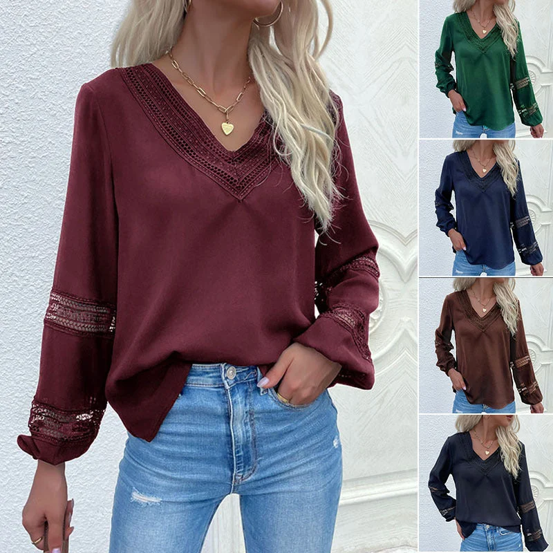 IKEARLAX New women's clothing popular spring and autumn long-sleeved shirt splicing lace pullover V-neck hollow design shirt Button Front Sweater