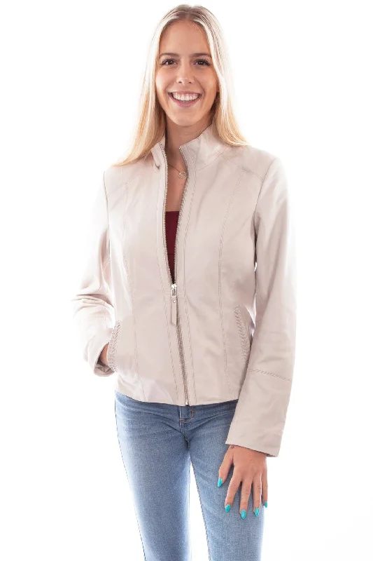 Scully Womens Beige Leather Zip Stand Up Jacket Nylon Jacket Polyester Jacket Spandex Jacket