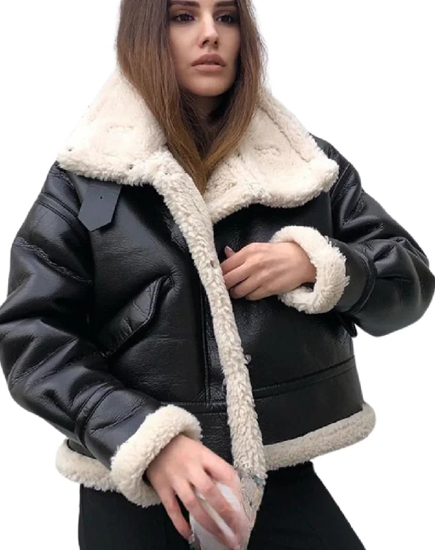 Bella A-2 Faux Shearling Black Bomber Leather Jacket V-Neck Jacket Boat Neck Jacket Square Neck Jacket