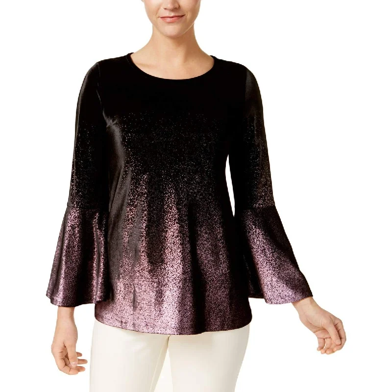 Alfani Womens Rose Shimmer Metallic Velvet Pullover Top (Black, Petite Medium) Boyleg Sleeve Pullover