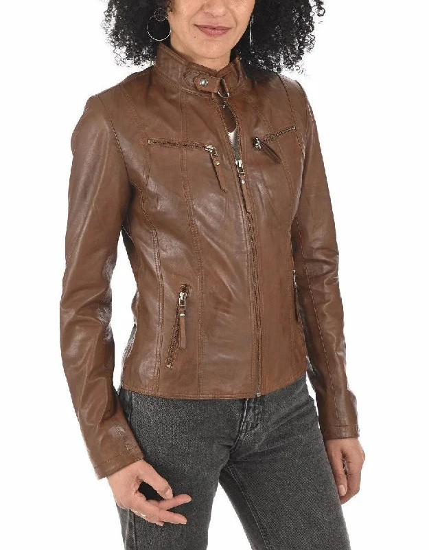 Glimmer Brown Leather Biker Jacket Ribbed Jacket Pleated Jacket Ruffled Jacket