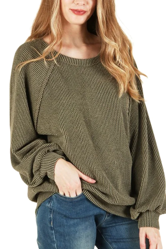 Corded Olive Knit Pullover Flare Sleeve Stylish