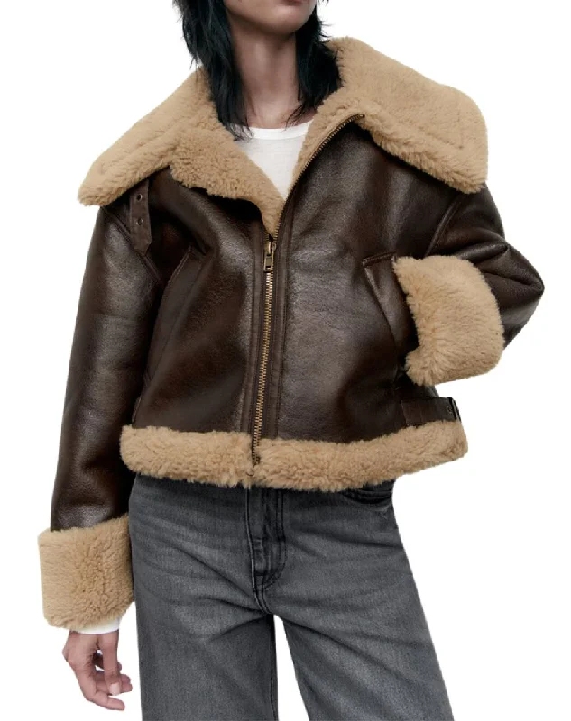 Martina Faux Shearling B-3 Brown Bomber Leather Jacket Lace Jacket Ribbed Jacket Sequined Jacket