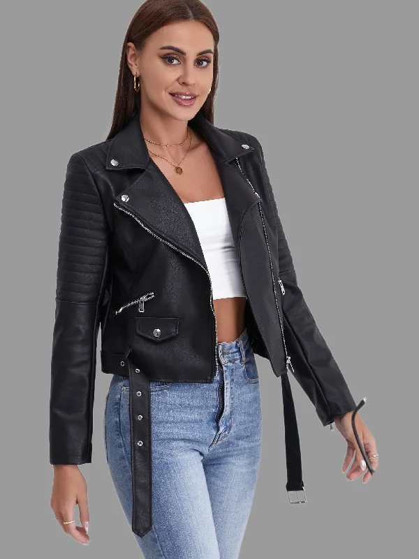 Women's Solid Biker Jacket - Long Sleeve Zipper Streetwear Outerwear Chenille Jacket Brocade Jacket Lace Jacket