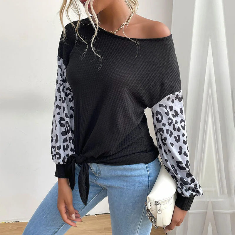 IKEARLAX 2023 New Autumn Middle East Women's Clothing Crew Neck Pullover Long Sleeve Splicing Black Leopard Print T-Shirt Women Besom Neck Pullover