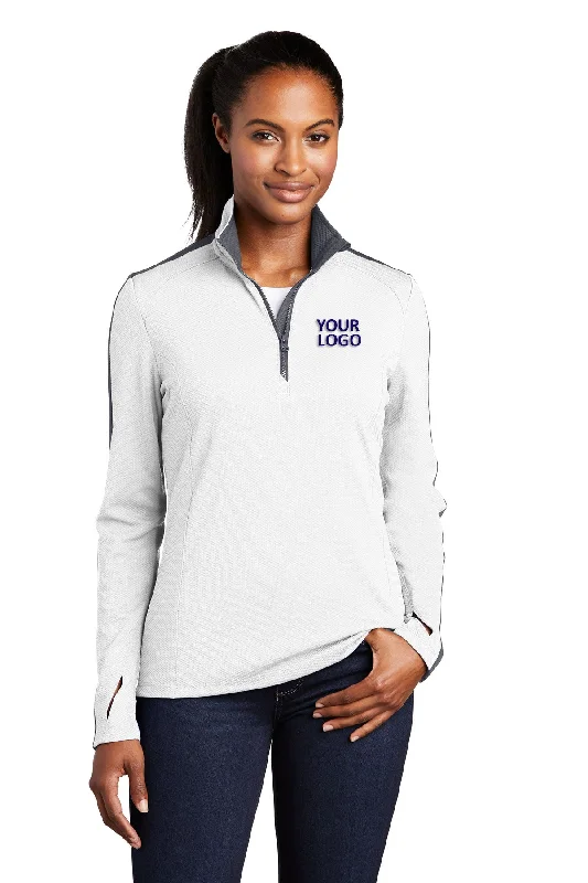 Sport-Tek Ladies Sport-Wick Textured Colorblock Customized 1/4-Zip Pullovers, White/ Iron Grey Slim Sleeve Pullover